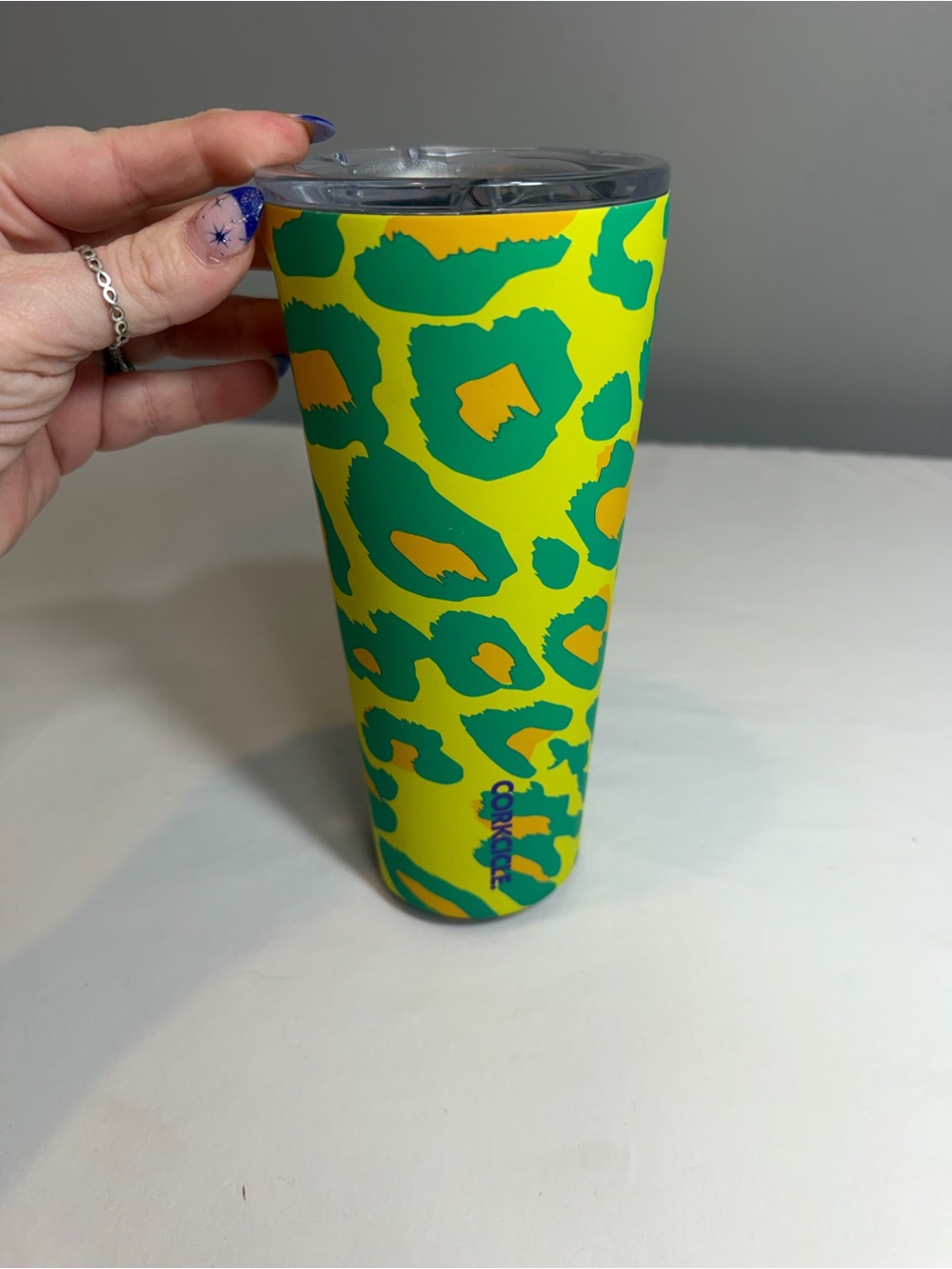 Corkcicle 24 oz Tumbler Party Animal vibrant leopard print in neon yellow green